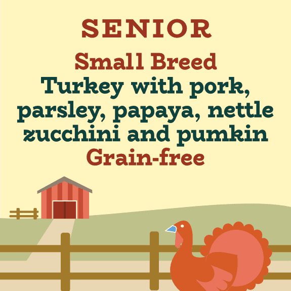 Small breed senior, grain free turkey, with pork, sweet potato parsley, zucchini, papaya and pumpkin